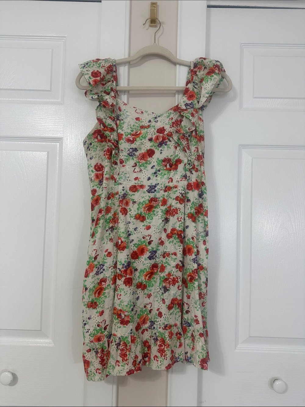 Blue Rain Floral Ruffle-Strap Mini Dress in Cream and Red